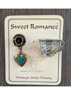 Sweet Romance Vintage Style Tea Cup & Heart Dangle Brooch Pin Set USA